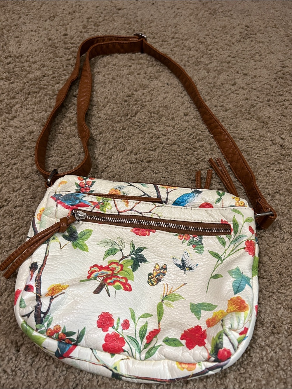 Bueno Cream Floral Crossbody with Brown Strap